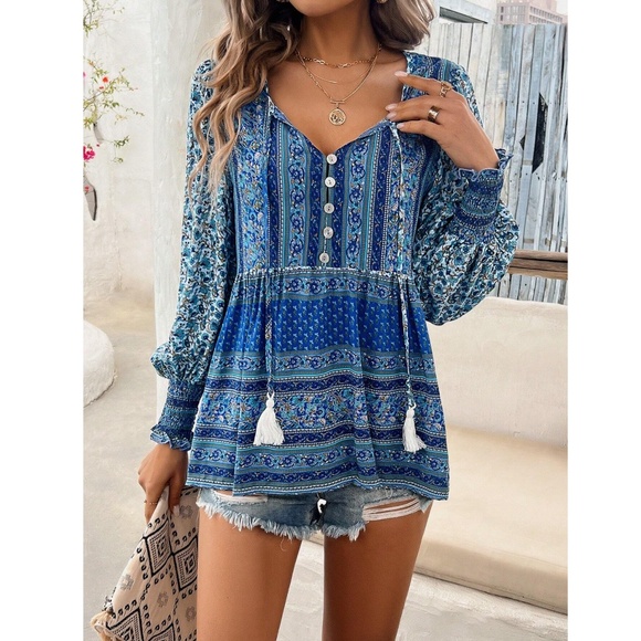 Blue Floral Printed Boho Long Sleeve Blouse Loose Fit Neck Ties Tassels Buttons - Picture 3 of 7